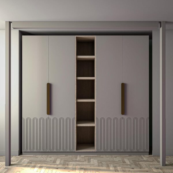 2.4m Soft Grey fitted Wardrobe in a grey interior with herringbone oak floor, Fitting kit for the wardrobe is pulled away from the wardrobe to show how it works