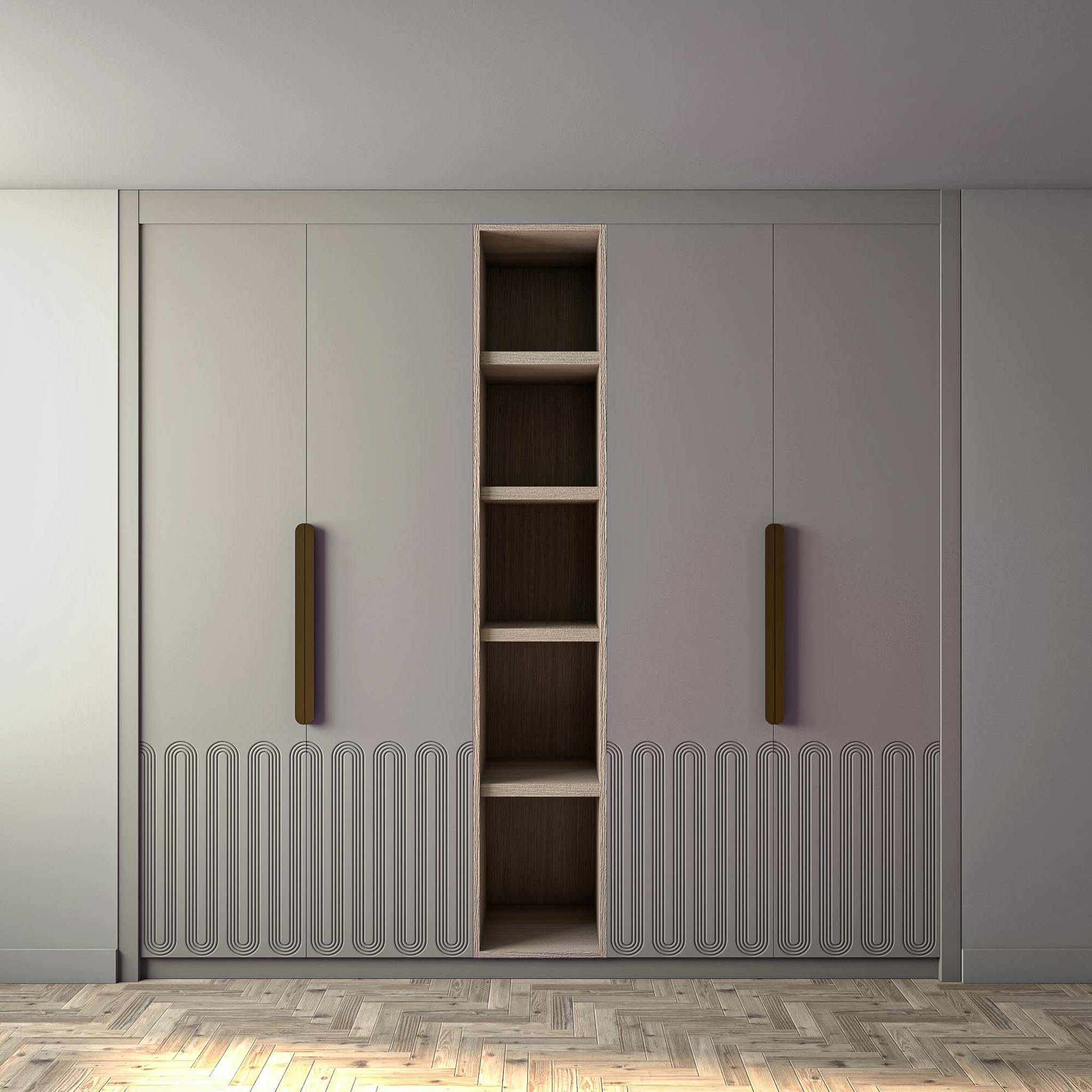 2.4m Soft Grey fitted Wardrobe in a grey interior with herringbone oak floor