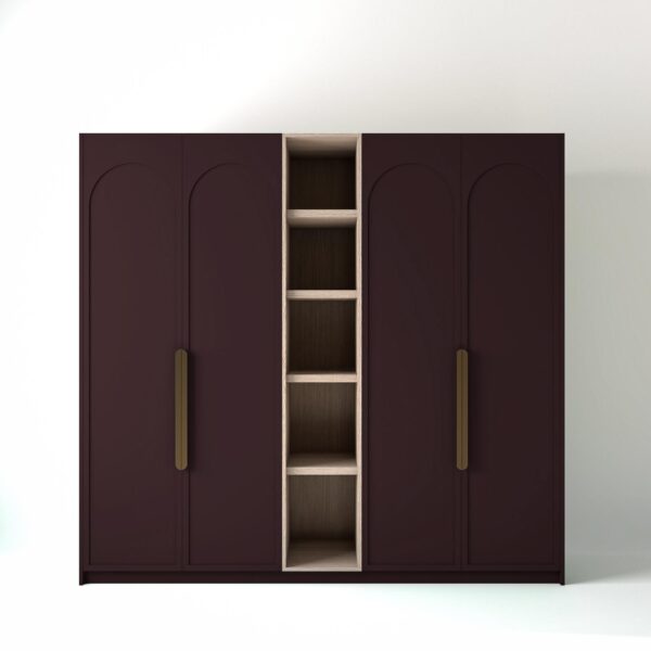 2.4 metre wine coloured freestanding wardrobe by On-Trend Wardrobes, with arched door design and an open shelf unit between each wardrobe, in a white studio setting