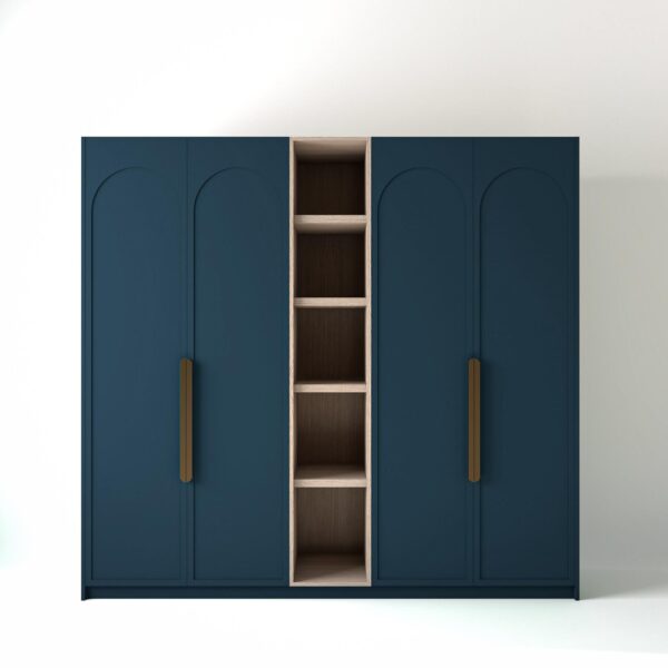 2.4 metre blue coloured freestanding wardrobe by On-Trend Wardrobes, with arched door design and an open shelf unit between each wardrobe, in a white studio setting