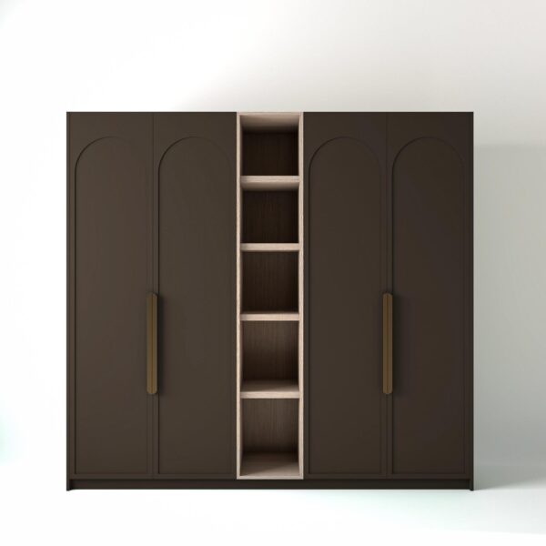 2.4 metre clay coloured freestanding wardrobe by On-Trend Wardrobes, with arched door design and an open shelf unit between each wardrobe, in a white studio setting