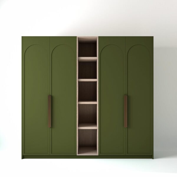 2.4 metre olive coloured freestanding wardrobe by On-Trend Wardrobes, with arched door design and an open shelf unit between each wardrobe, in a white studio setting