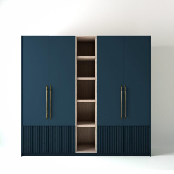 2.4 metre blue coloured freestanding wardrobe by On-Trend Wardrobes, with Low ribbed door design and an open shelf unit between each wardrobe, in a white studio setting
