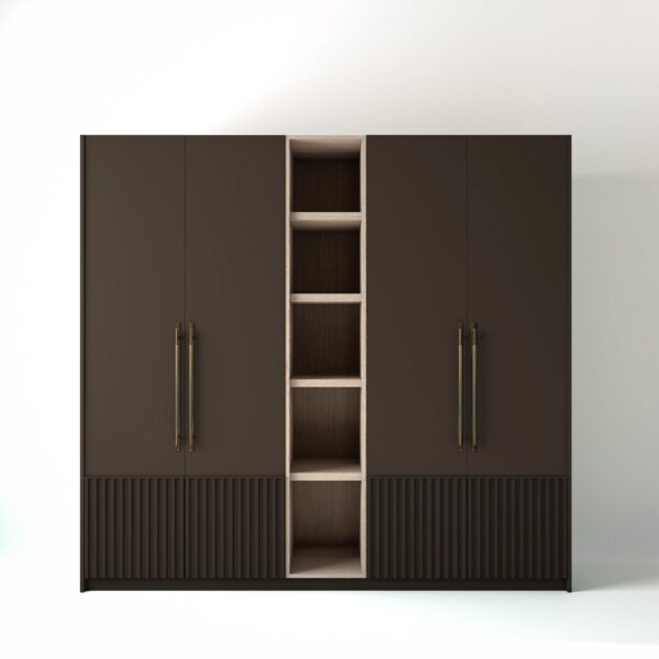 2.4 metre clay coloured freestanding wardrobe by On-Trend Wardrobes, with Low ribbed door design and an open shelf unit between each wardrobe, in a white studio setting