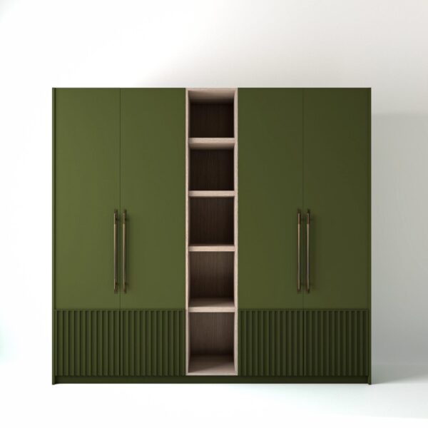 2.4 metre olive coloured freestanding wardrobe by On-Trend Wardrobes, with Low ribbed door design and an open shelf unit between each wardrobe, in a white studio setting