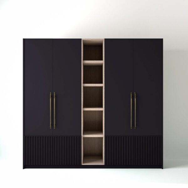2.4 metre Plum coloured freestanding wardrobe by On-Trend Wardrobes, with low ribbed door design and an open shelf unit between each wardrobe, in a white studio setting