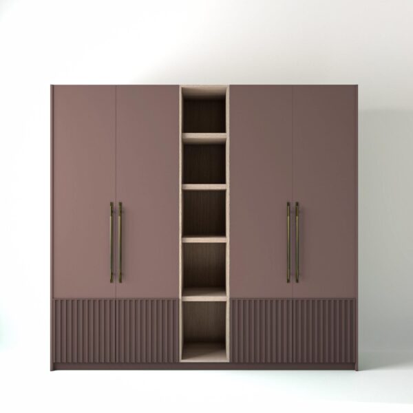 2.4 metre blush pink coloured freestanding wardrobe by On-Trend Wardrobes, with Low ribbed door design and an open shelf unit between each wardrobe, in a white studio setting