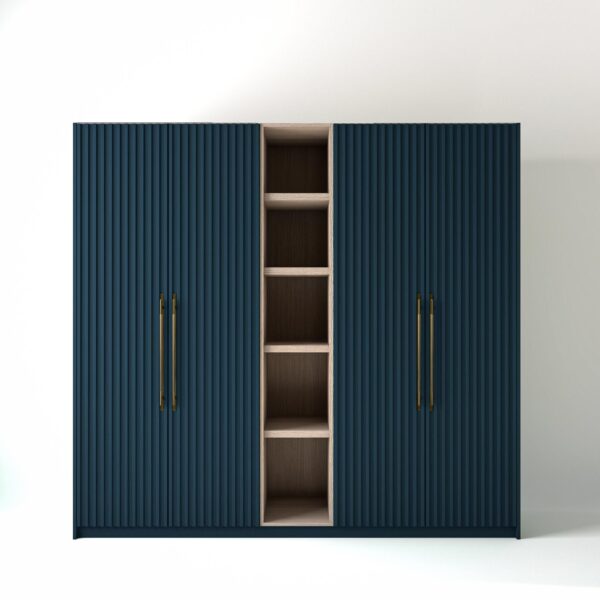 2.4 metre blue coloured freestanding wardrobe by On-Trend Wardrobes, with ribbed door design and an open shelf unit between each wardrobe, in a white studio setting