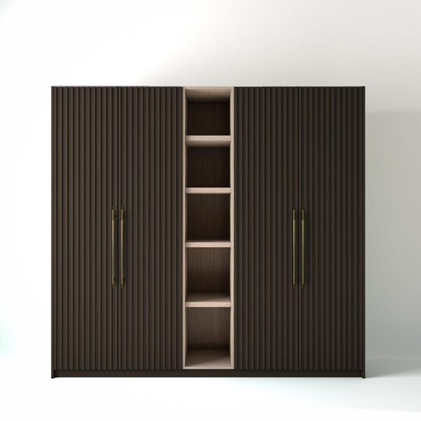 2.4 metre clay coloured freestanding wardrobe by On-Trend Wardrobes, with ribbed door design and an open shelf unit between each wardrobe, in a white studio setting