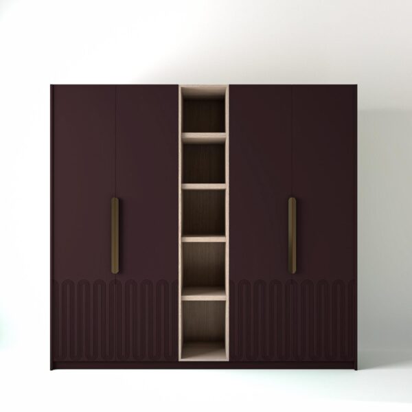 2.4 metre wine coloured freestanding wardrobe by On-Trend Wardrobes, with Art Deco door design and an open shelf unit between each wardrobe, in a white studio setting
