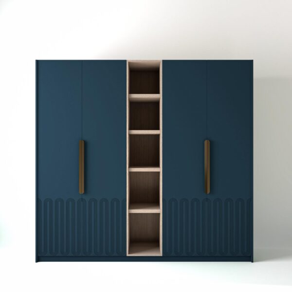 2.4 metre blue coloured freestanding wardrobe by On-Trend Wardrobes, with Art Deco door design and an open shelf unit between each wardrobe, in a white studio setting