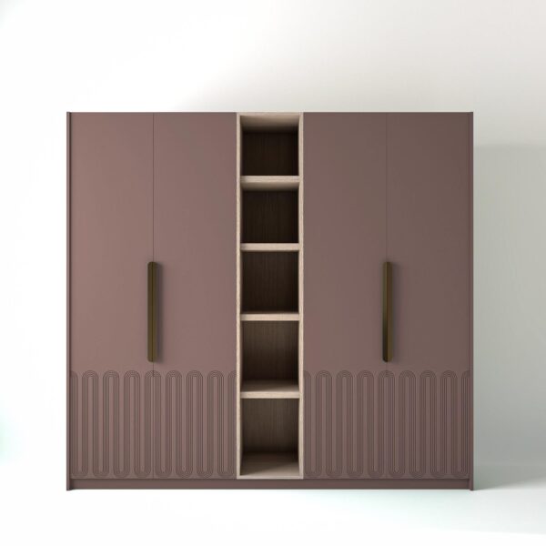 2.4 metre blush pink coloured freestanding wardrobe by On-Trend Wardrobes, with Art Deco door design and an open shelf unit between each wardrobe, in a white studio setting