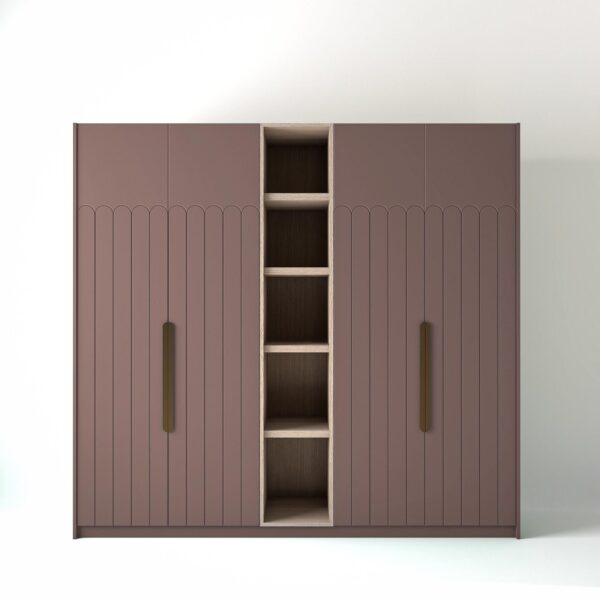 2.4 metre blush pink coloured freestanding wardrobe by On-Trend Wardrobes, with tall Art Deco door design and an open shelf unit between each wardrobe, in a white studio setting