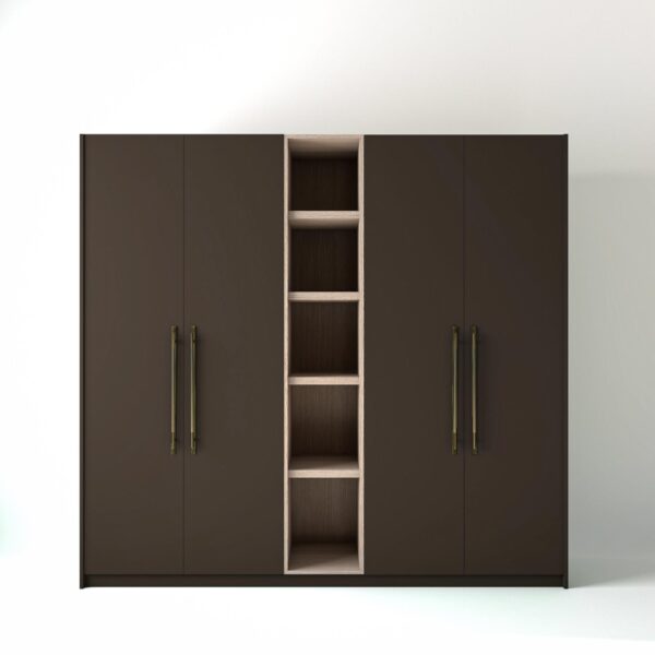 2.4 metre clay coloured freestanding wardrobe by On-Trend Wardrobes, with flat panel door design and an open shelf unit between each wardrobe, in a white studio setting