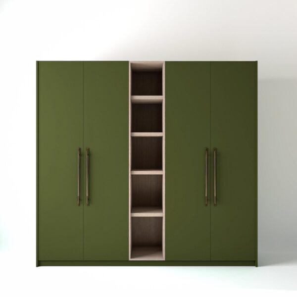 2.4 metre olive coloured freestanding wardrobe by On-Trend Wardrobes, with flat panel door design and an open shelf unit between each wardrobe, in a white studio setting