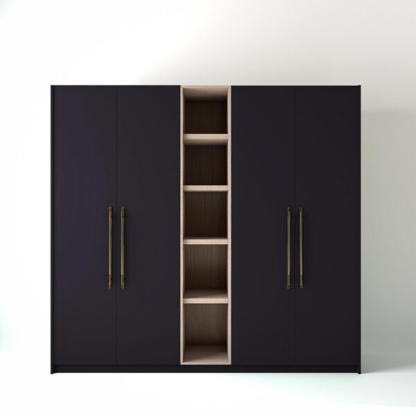 2.4 metre plum coloured freestanding wardrobe by On-Trend Wardrobes, with flat panel door design and an open shelf unit between each wardrobe, in a white studio setting