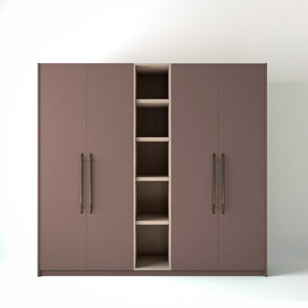 2.4 metre blush pink coloured freestanding wardrobe by On-Trend Wardrobes, with flat panel door design and an open shelf unit between each wardrobe, in a white studio setting