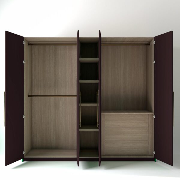 2.4m freestanding wardrobes with wine coloured doors open, showing Oak unit interiors, opens shelving and internal drawers in a white studio setting
