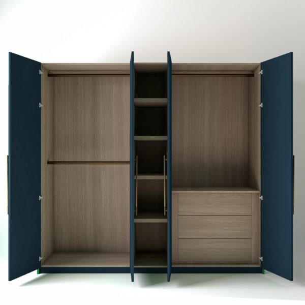 2.4m freestanding wardrobes with blue coloured doors open, showing Oak unit interiors, opens shelving and internal drawers in a white studio setting
