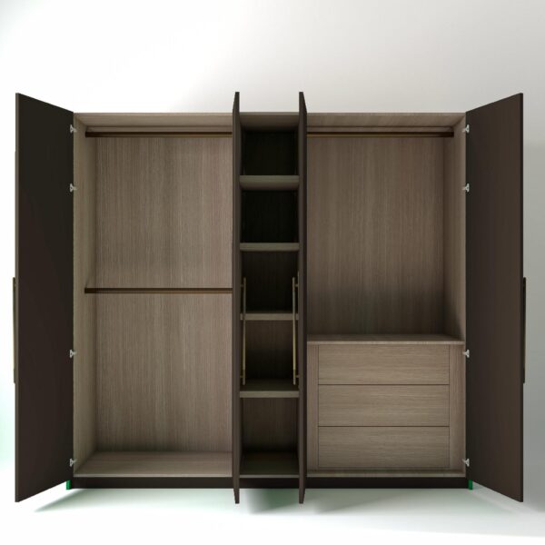 2.4m freestanding wardrobes with clay coloured doors open, showing Oak unit interiors, opens shelving and internal drawers in a white studio setting