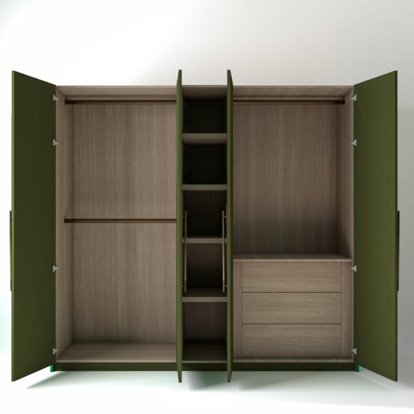 2.4m freestanding wardrobes with olive coloured doors open, showing Oak unit interiors, opens shelving and internal drawers in a white studio setting