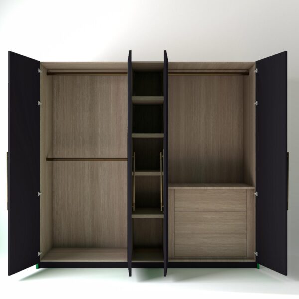 2.4m freestanding wardrobes with plum coloured doors open, showing Oak unit interiors, opens shelving and internal drawers in a white studio setting