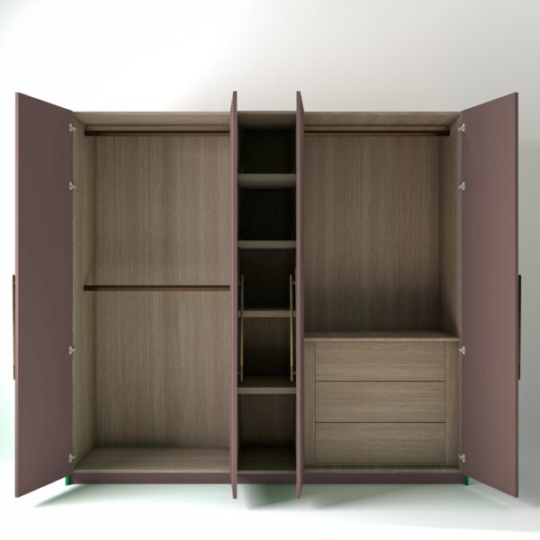 2.4m freestanding wardrobes with pink coloured doors open, showing Oak unit interiors, opens shelving and internal drawers in a white studio setting