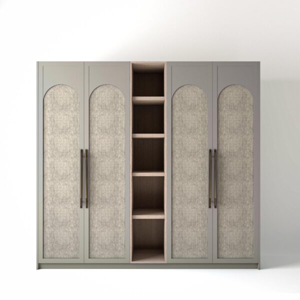 2.4 metre grey coloured freestanding wardrobe by On-Trend Wardrobes, with arched fabric door design and an open shelf unit between each wardrobe, in a white studio setting