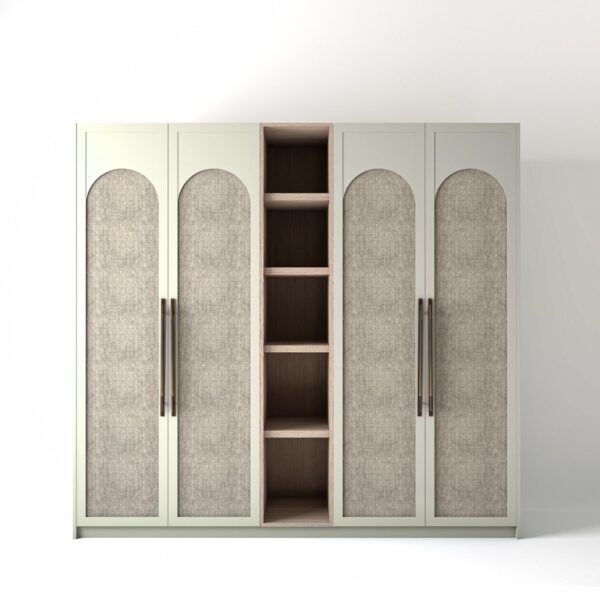 2.4 metre off-white coloured freestanding wardrobe by On-Trend Wardrobes, with arched fabric door design and an open shelf unit between each wardrobe, in a white studio setting