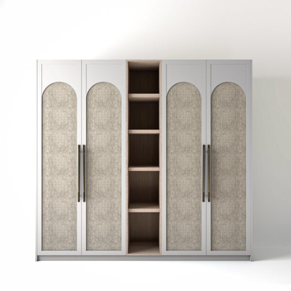 2.4 metre white coloured freestanding wardrobe by On-Trend Wardrobes, with arched fabric door design and an open shelf unit between each wardrobe, in a white studio setting