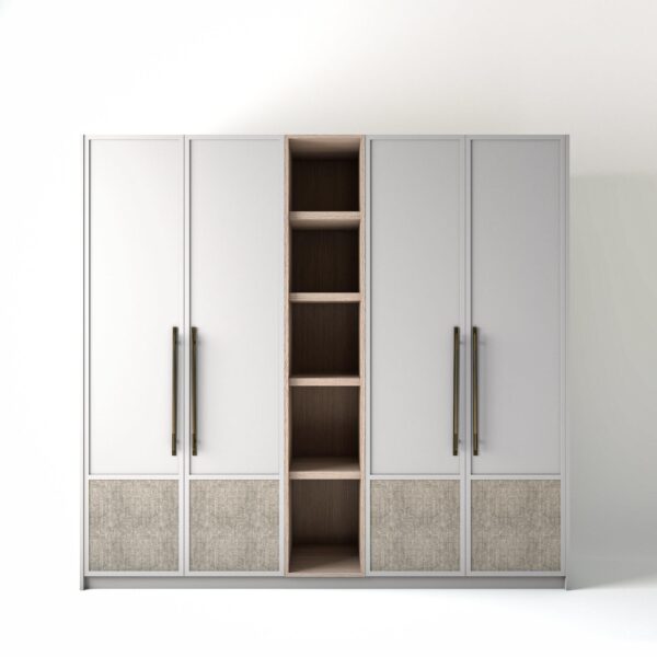 2.4 metre white coloured freestanding wardrobe by On-Trend Wardrobes, with low fabric panel shaker door design and an open shelf unit between each wardrobe, in a white studio setting