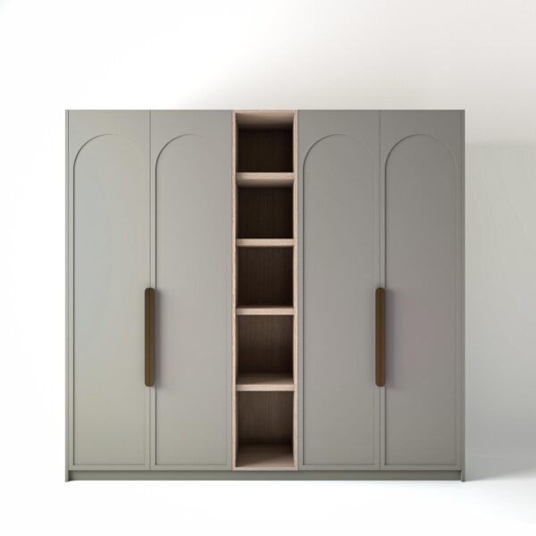 2.4 metre grey coloured freestanding wardrobe by On-Trend Wardrobes, with arched door design and an open shelf unit between each wardrobe, in a white studio setting