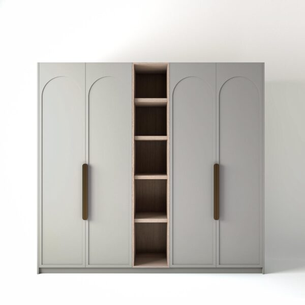 2.4 metre light grey coloured freestanding wardrobe by On-Trend Wardrobes, with arched door design and an open shelf unit between each wardrobe, in a white studio setting