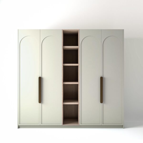 2.4 metre off white coloured freestanding wardrobe by On-Trend Wardrobes, with arched door design and an open shelf unit between each wardrobe, in a white studio setting