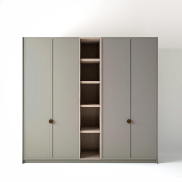 2.4 metre grey coloured freestanding wardrobe by On-Trend Wardrobes, with modern shaker door design and an open shelf unit between each wardrobe, in a white studio setting