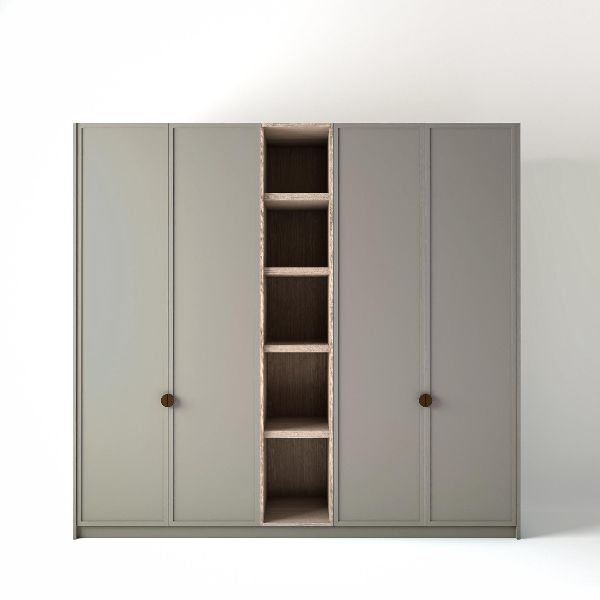 2.4 metre grey coloured freestanding wardrobe by On-Trend Wardrobes, with modern shaker door design and an open shelf unit between each wardrobe, in a white studio setting