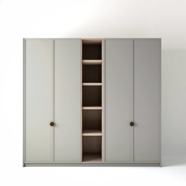 2.4 metre light grey coloured freestanding wardrobe by On-Trend Wardrobes, with modern shaker door design and an open shelf unit between each wardrobe, in a white studio setting