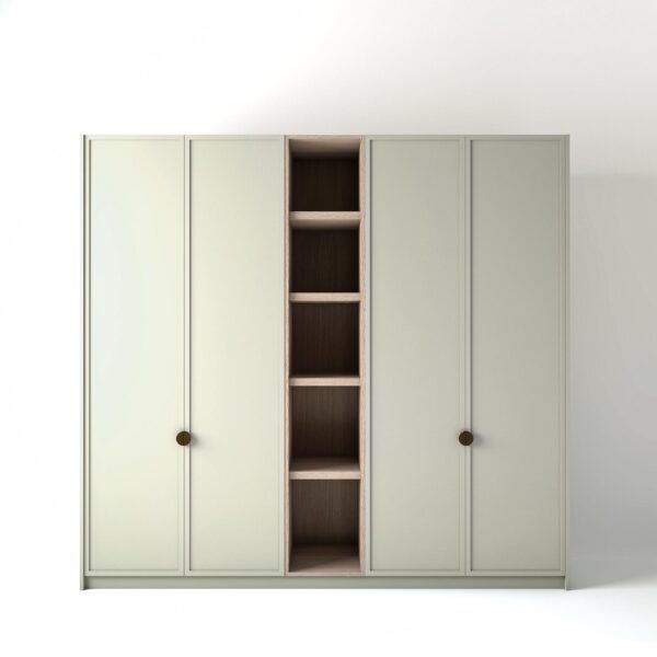 2.4 metre off white coloured freestanding wardrobe by On-Trend Wardrobes, with modern shaker door design and an open shelf unit between each wardrobe, in a white studio setting