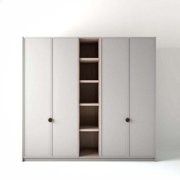2.4 metre white coloured freestanding wardrobe by On-Trend Wardrobes, with modern shaker door design and an open shelf unit between each wardrobe, in a white studio setting