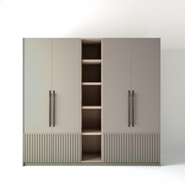 2.4 metre grey coloured freestanding wardrobe by On-Trend Wardrobes, with Low ribbed door design and an open shelf unit between each wardrobe, in a white studio setting