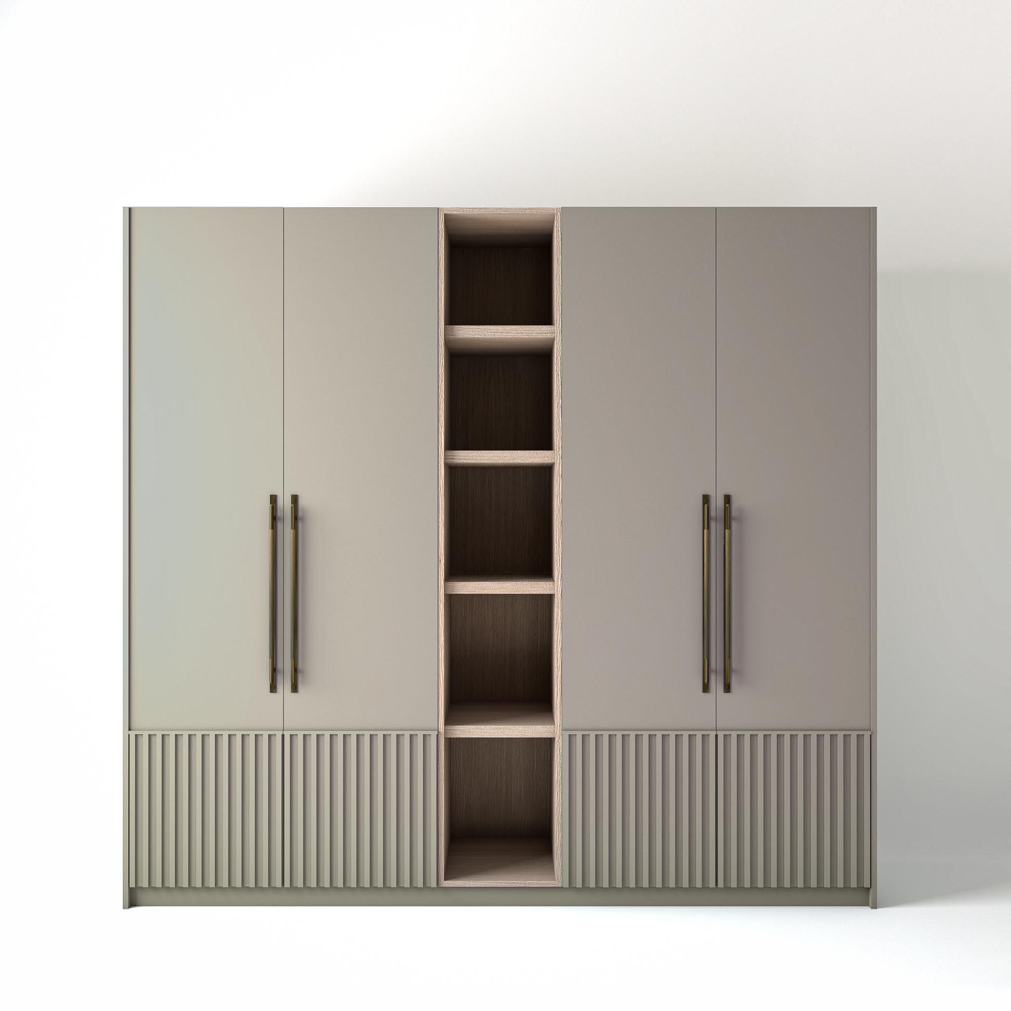 2.4 metre grey coloured freestanding wardrobe by On-Trend Wardrobes, with Low ribbed door design and an open shelf unit between each wardrobe, in a white studio setting