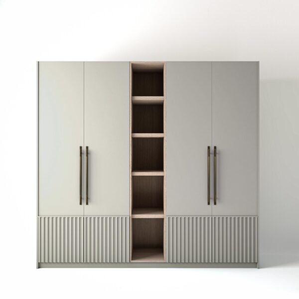 2.4 metre light grey coloured freestanding wardrobe by On-Trend Wardrobes, with Low ribbed door design and an open shelf unit between each wardrobe, in a white studio setting