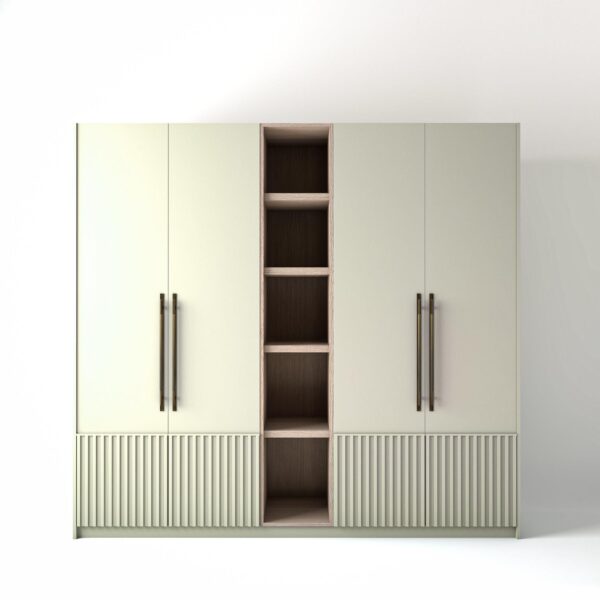 2.4 metre off-white coloured freestanding wardrobe by On-Trend Wardrobes, with Low ribbed door design and an open shelf unit between each wardrobe, in a white studio setting