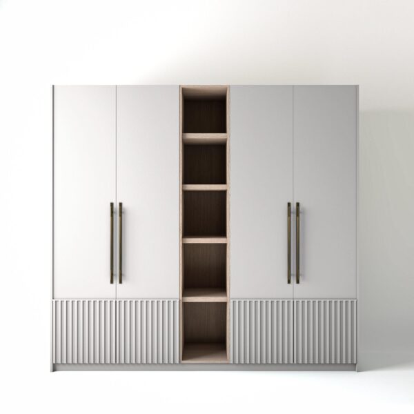 2.4 metre white coloured freestanding wardrobe by On-Trend Wardrobes, with Low ribbed door design and an open shelf unit between each wardrobe, in a white studio setting