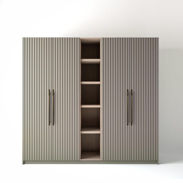 2.4 metre grey coloured freestanding wardrobe by On-Trend Wardrobes, with ribbed door design and an open shelf unit between each wardrobe, in a white studio setting