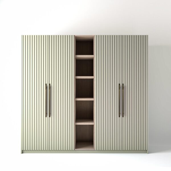 2.4 metre off-white coloured freestanding wardrobe by On-Trend Wardrobes, with ribbed door design and an open shelf unit between each wardrobe, in a white studio setting