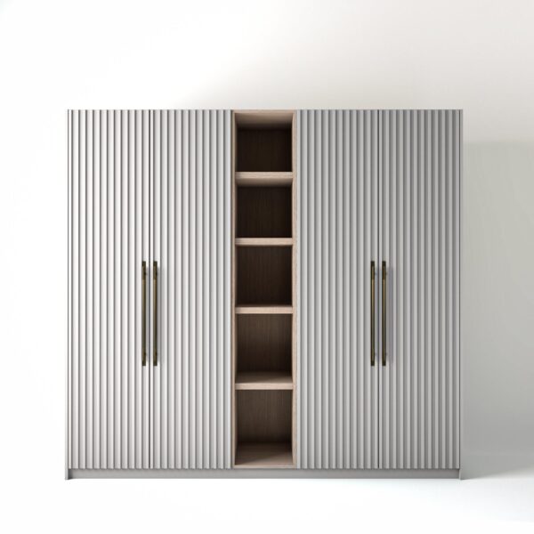 2.4 metre white coloured freestanding wardrobe by On-Trend Wardrobes, with ribbed door design and an open shelf unit between each wardrobe, in a white studio setting