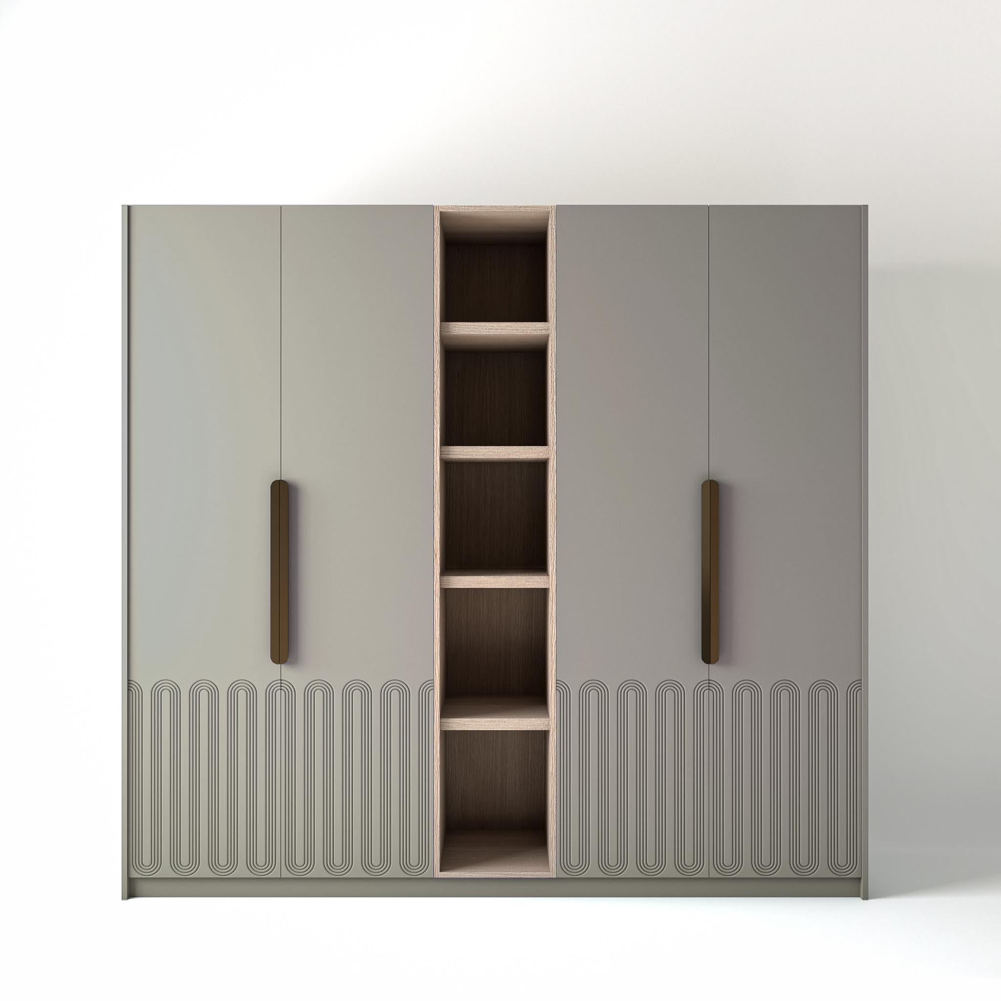 2.4 metre grey coloured freestanding wardrobe by On-Trend Wardrobes, with Art Deco door design and an open shelf unit between each wardrobe, in a white studio setting