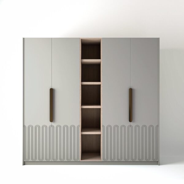 2.4 metre light grey coloured freestanding wardrobe by On-Trend Wardrobes, with Art Deco door design and an open shelf unit between each wardrobe, in a white studio setting