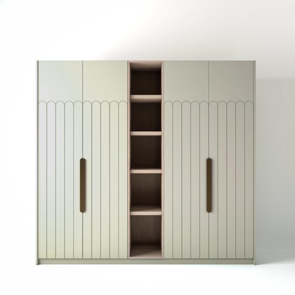 2.4 metre off-white coloured freestanding wardrobe by On-Trend Wardrobes, with tall Art Deco door design and an open shelf unit between each wardrobe, in a white studio setting